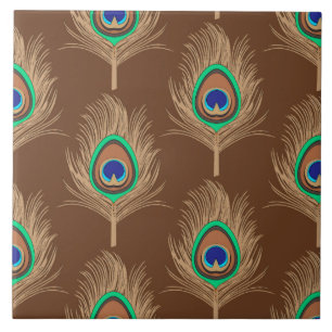 Peacock Feathers, Camel Tan on Chocolate Brown Kakelplatta