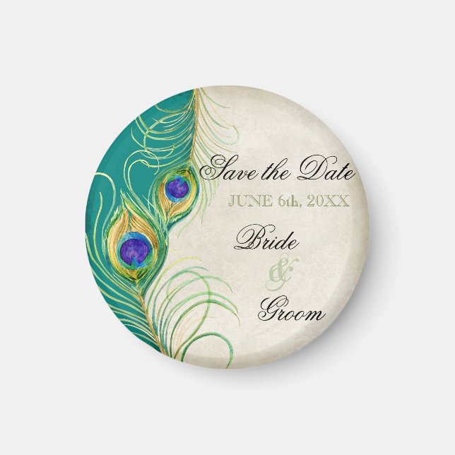 Peacock Feathers Damask Save Date Magnet (Framsidan)