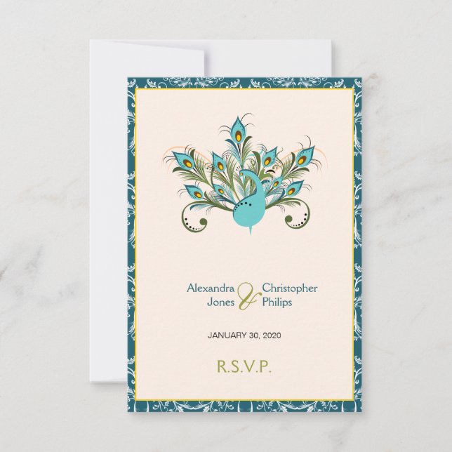 Peacock Feathers Damask Wedding OSA Kort (Framsida)