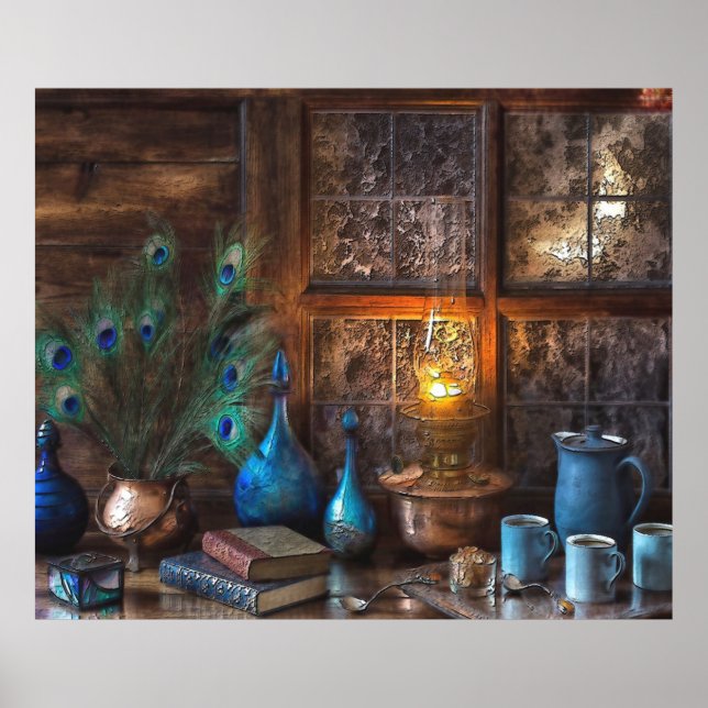 Peacock Feathers Drinkware Kerosene Lamp Poster (Framsidan)