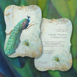 Peacock Feathers Elegant Aqua Blue Guld Bröllop Inbjudningar