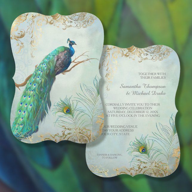 Peacock Feathers Elegant Aqua Blue Guld Bröllop Inbjudningar (Skapare uppladdad)