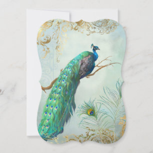 Peacock Feathers Elegant Guld Aqua Blue Bröllop Inbjudningar