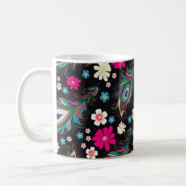 Peacock Feathers Embroidery Seamless Mönster Kaffemugg (Vänster)