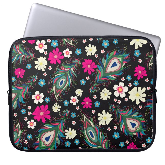 Peacock Feathers Embroidery Seamless Mönster Laptop Fodral (Framsidan)