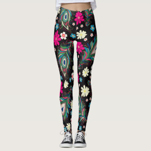 Peacock Feathers Embroidery Seamless Mönster Leggings