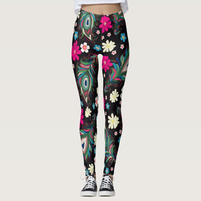 Peacock Feathers Embroidery Seamless Mönster Leggings (Framsida)