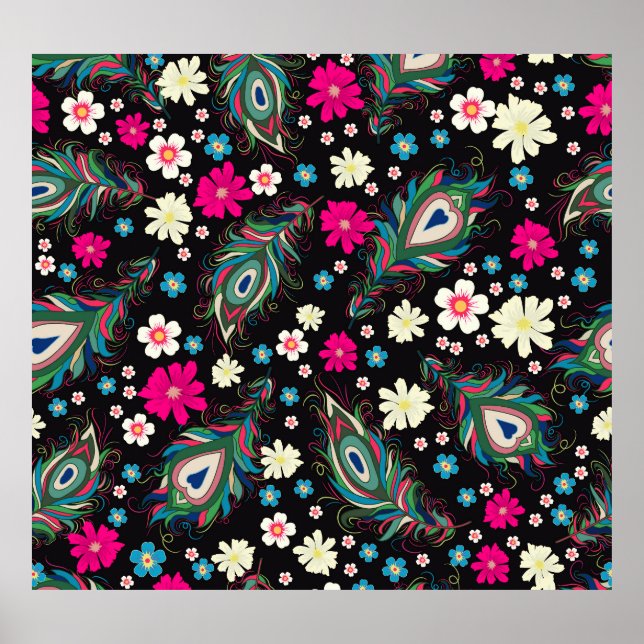 Peacock Feathers Embroidery Seamless Mönster Poster (Framsidan)