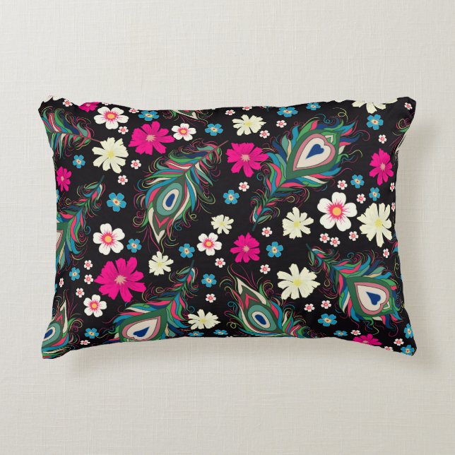 Peacock Feathers Embroidery Seamless Mönster Prydnadskudde (Framsidan)