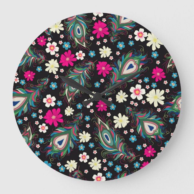 Peacock Feathers Embroidery Seamless Mönster Stor Klocka (Framsida)