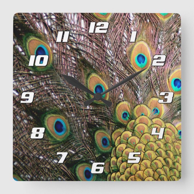 Peacock Feathers Emerald Grönt och Guld Numbers Fyrkantig Klocka (Framsida)