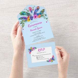 Peacock Feathers & Flowers Baby blue Quinceañera