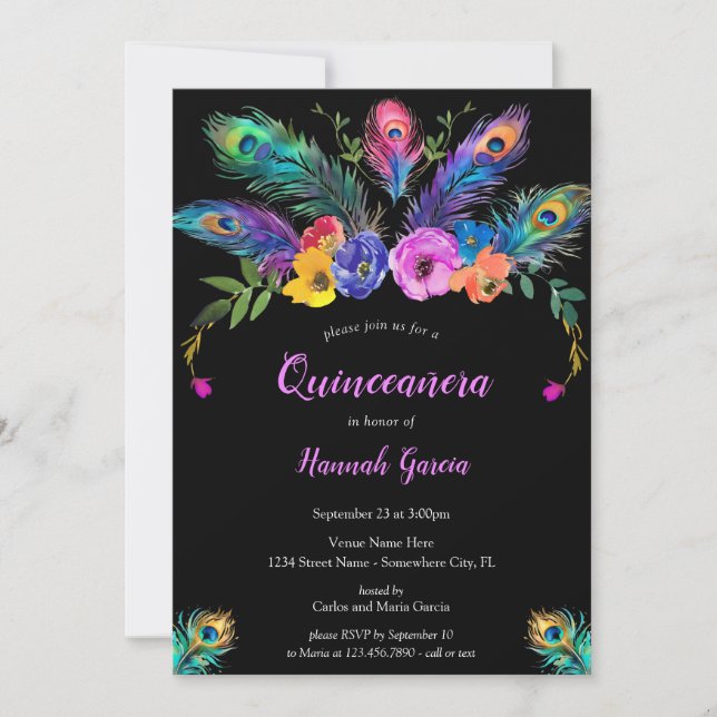 Peacock Feathers & Flowers Black Quinceañera Inbjudningar (Framsida)