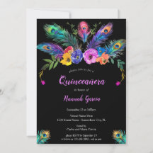 Peacock Feathers & Flowers Black Quinceañera