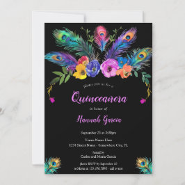 Peacock Feathers & Flowers Black Quinceañera Inbjudningar