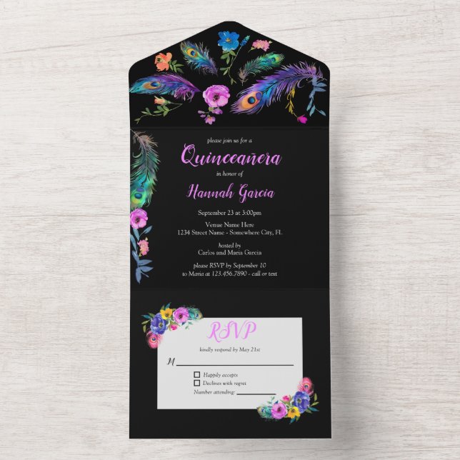 Peacock Feathers & Flowers Quinceañera Black (Insida)