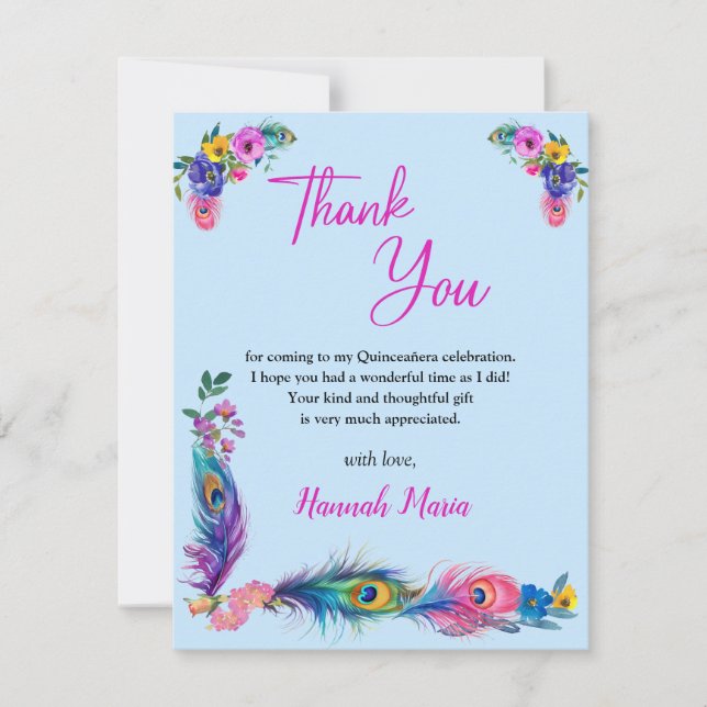 Peacock Feathers & Flowers Quinceañera Blue Flat Tack Kort (Framsida)