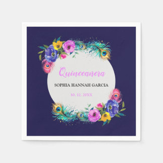 Peacock Feathers & Flowers Quinceañera Lila Pappersservett