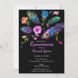 Peacock Feathers & Flowers Quinceañera Party Inbjudningar