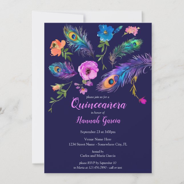 Peacock Feathers & Flowers Quinceañera Party Inbjudningar (Framsida)