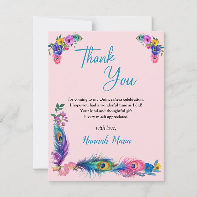 Peacock Feathers & Flowers Quinceañera Rosa Flat Tack Kort (Framsida)