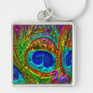 Peacock Feathers Glass Art 1 Nyckelkedjor Fyrkantig Silverfärgad Nyckelring