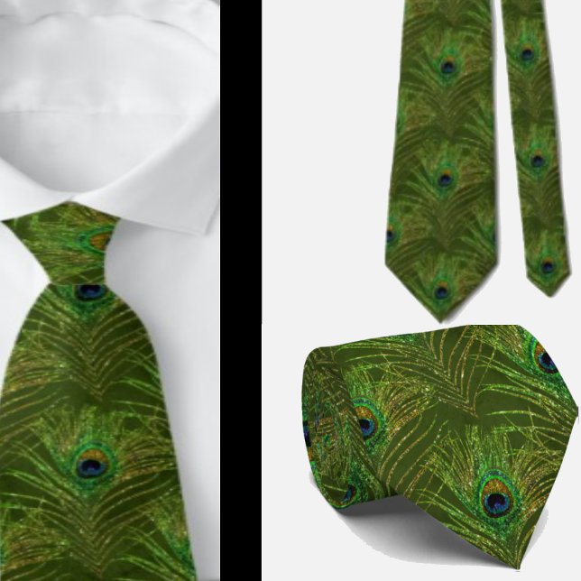 Peacock Feathers Grönt Guld Neck Tie Necktie Slips (Skapare uppladdad)