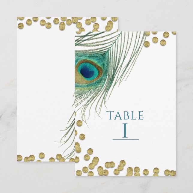 Peacock Feathers & Guld Boho Glam Bordsnummer (Fram/baksida)