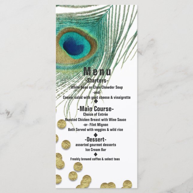 Peacock Feathers & Guld Boho Glam Party Menu Card Meny (Framsida)