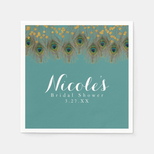 Peacock Feathers & Guld Dots ANY FÄRG Party Pappersservett (Framsidan)