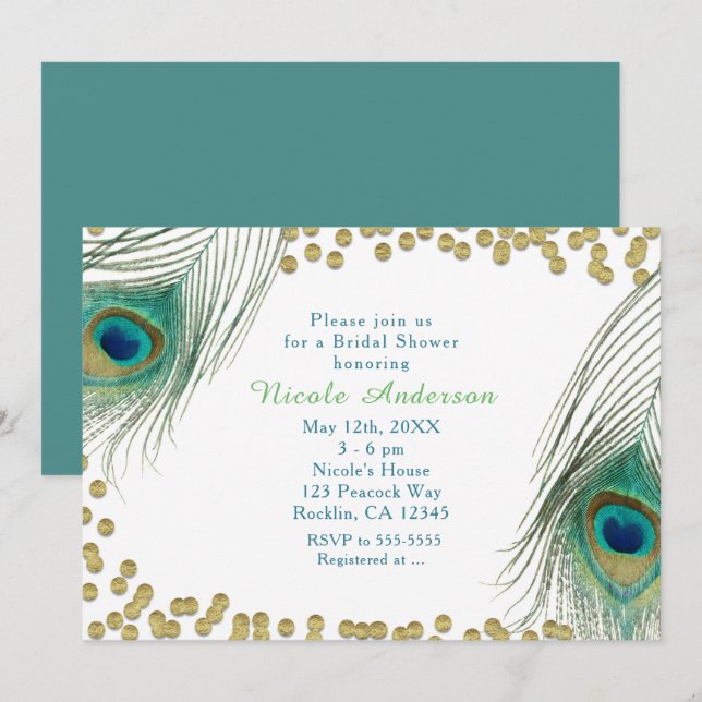 Peacock Feathers & Guld Dots Boho Glam Investigati Inbjudningar (Fram/baksida)