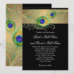 Peacock Feathers Guld n Black Modern Jewel Swirl Inbjudningar