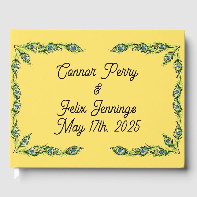 Peacock Feathers Gult Bröllop Gästböcker (Framsida)