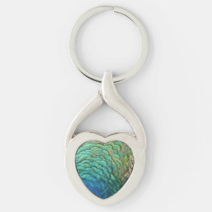 Peacock Feathers I Colorful Abstrakt Nature Design Twisted Heart Silverfärgad Nyckelring