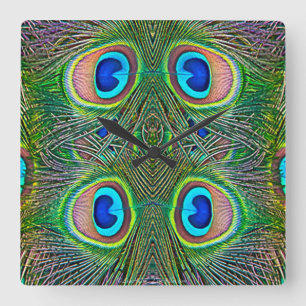 Peacock Feathers Kaleidoscope Skriv ut Fyrkantig Klocka