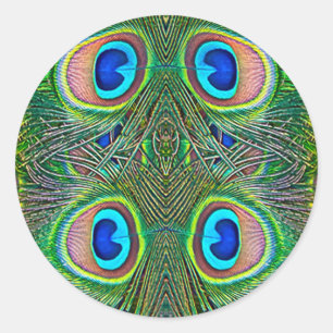 Peacock Feathers Kaleidoscope Skriv ut Runt Klistermärke