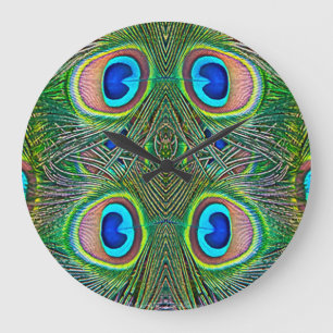 Peacock Feathers Kaleidoscope Skriv ut Stor Klocka