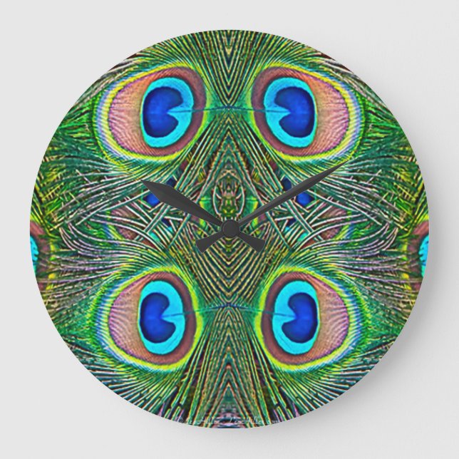 Peacock Feathers Kaleidoscope Skriv ut Stor Klocka (Framsida)