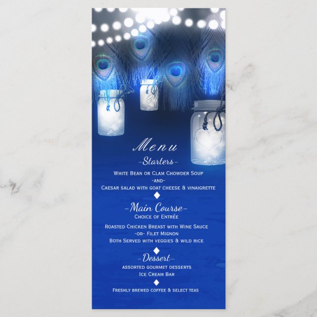 Peacock Feathers, Mason Burk & String Ljus Menu Meny (Framsida)