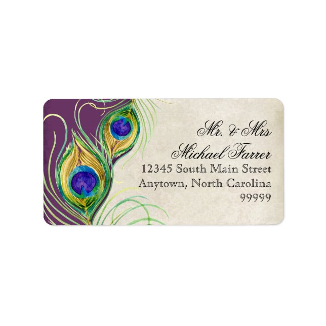 Peacock Feathers Modern Bröllop Matchande Labels Adressetikett (Framsidan)