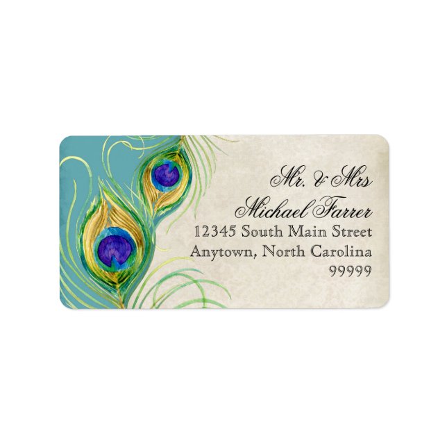 Peacock Feathers Modern Bröllop Matchande Labels Adressetikett (Framsidan)