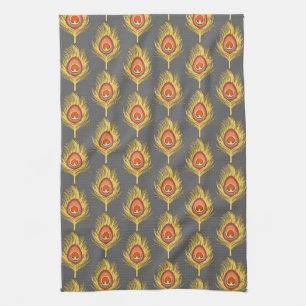 Peacock Feathers, Mustard Gult on Grått / Grått Kökshandduk