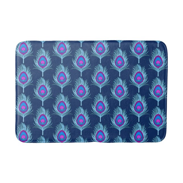 Peacock Feathers, Navy and Pastel Blue Bath Mat Badrumsmatta (Framsidan)