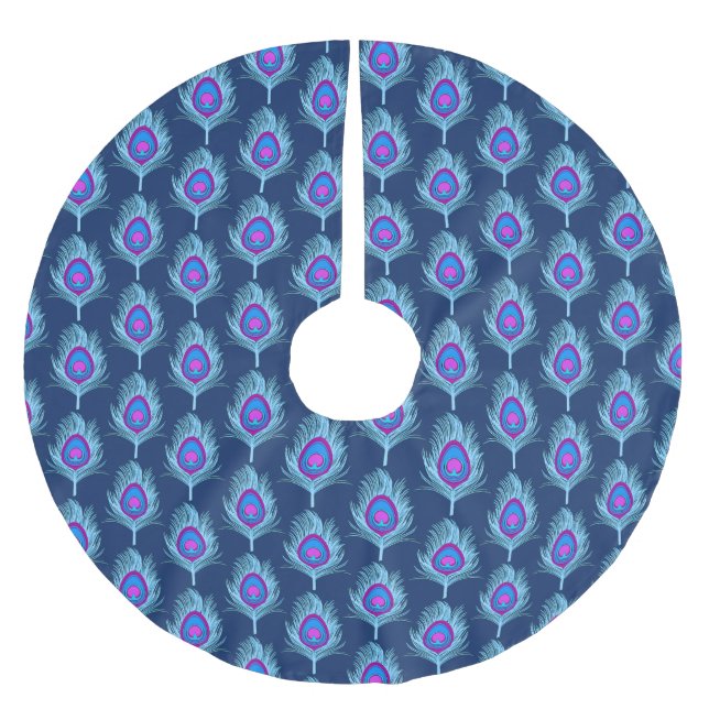 Peacock Feathers, Navy and Pastel Blue Julgransmatta Borstad Polyester (Framsidan)