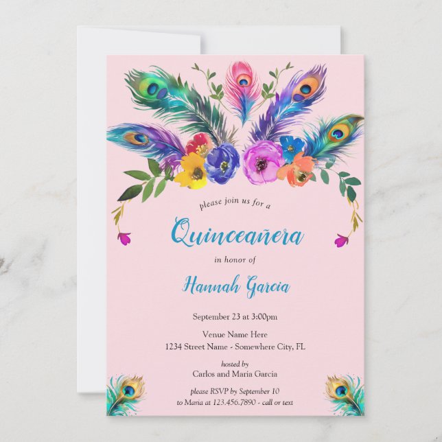 Peacock Feathers och Flowers  Rosa Quinceañera Inbjudningar (Framsida)