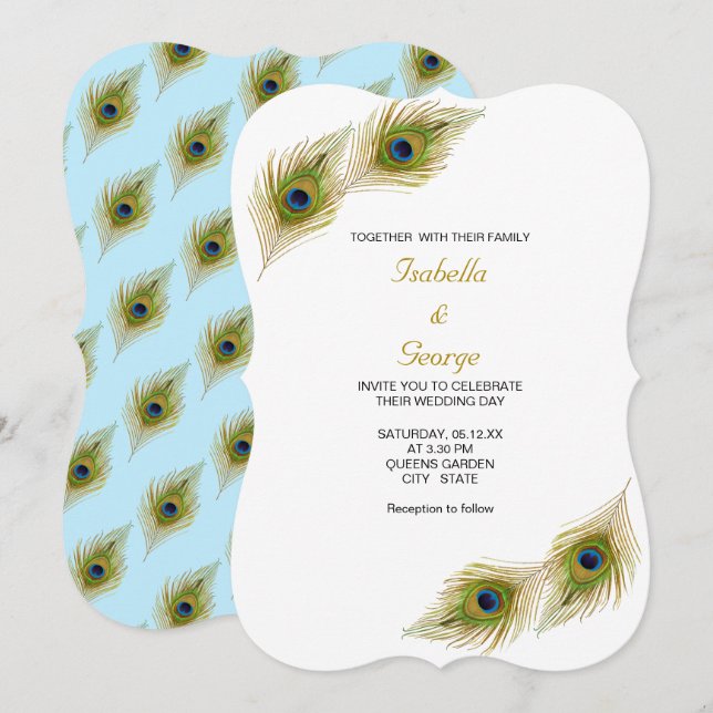 Peacock Feathers on Light Blue & White Bröllop Inbjudningar (Fram/baksida)