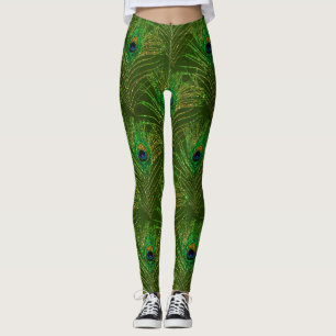 Peacock Feathers Peacocks Grönt Guld Glitter Leggings