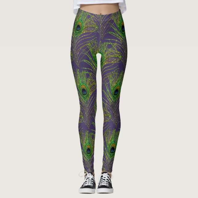 Peacock Feathers Peacocks Lila Guld Glitter Leggings (Framsida)