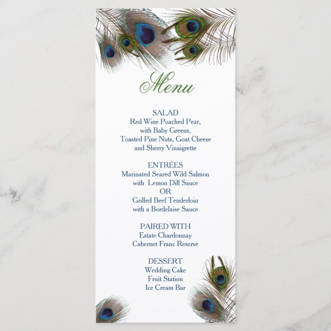 Peacock Feathers, Personligt bröllp Menu Meny (Framsida)