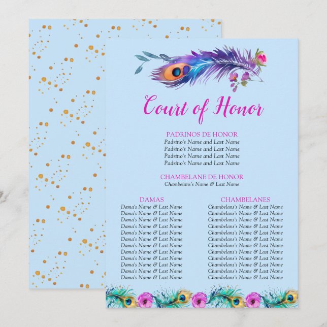 Peacock Feathers Quinceañera Court of Honor Blue Program (Fram/baksida)